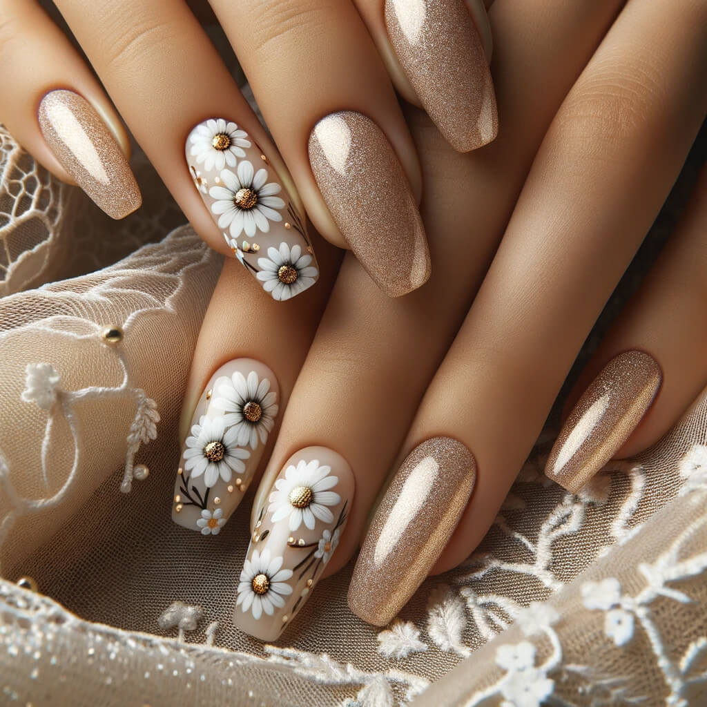 Elegant acrylic nails with dasiy pattern