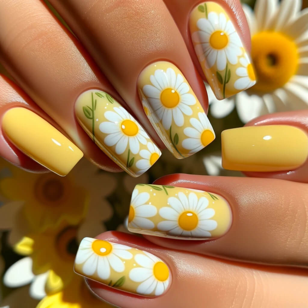 Happy yellow daisy acrylic nails