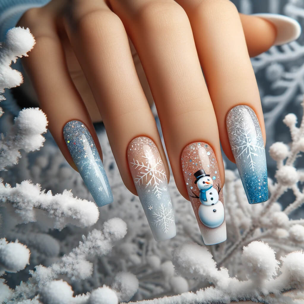 Long winter nails with snowman design