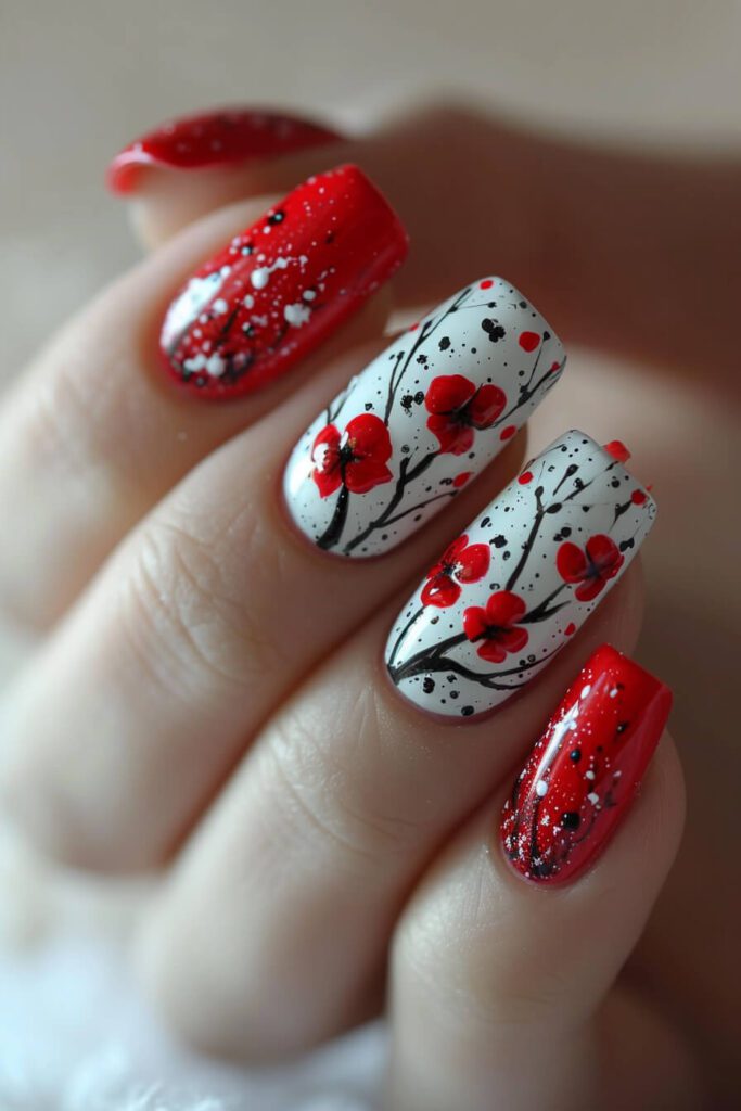 Crimson Love: Valentines Day Nails with a Floral Twist