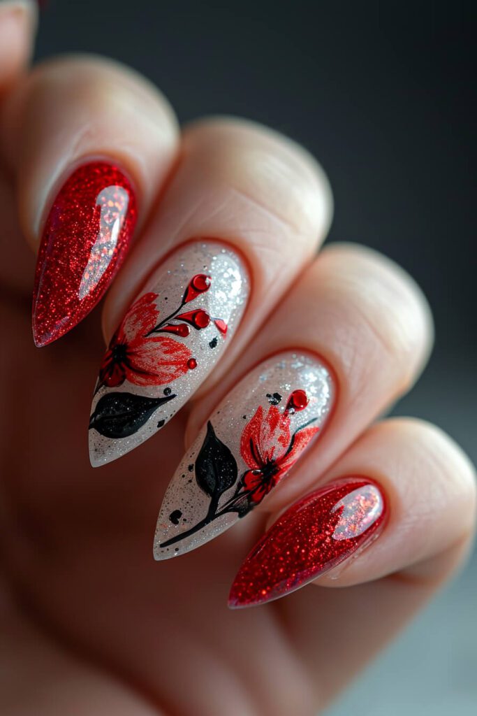 Enchanted Red Blossoms: Valentines Day Nails