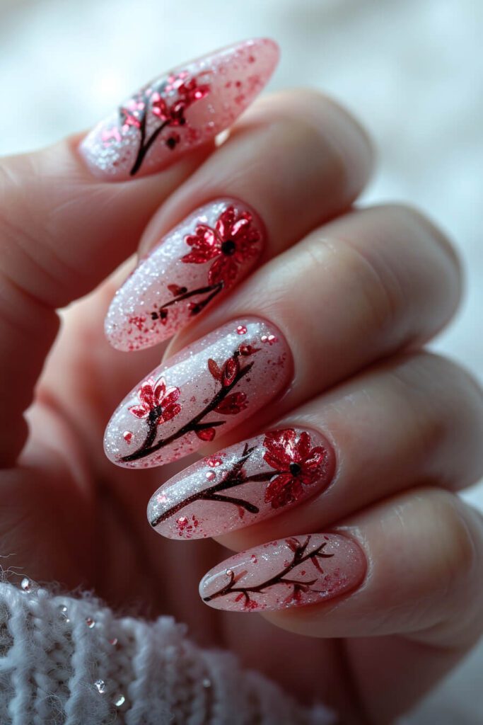 Romantic Red Blossom: Valentines Day Nail Elegance