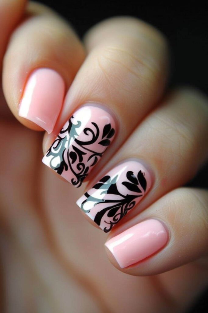 Pink Nails with Black Floral Accents: Graceful and Refined - Pink Nails