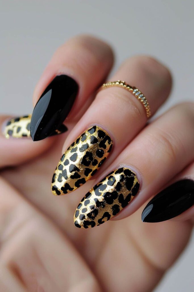 Animal Print - gold and black nails