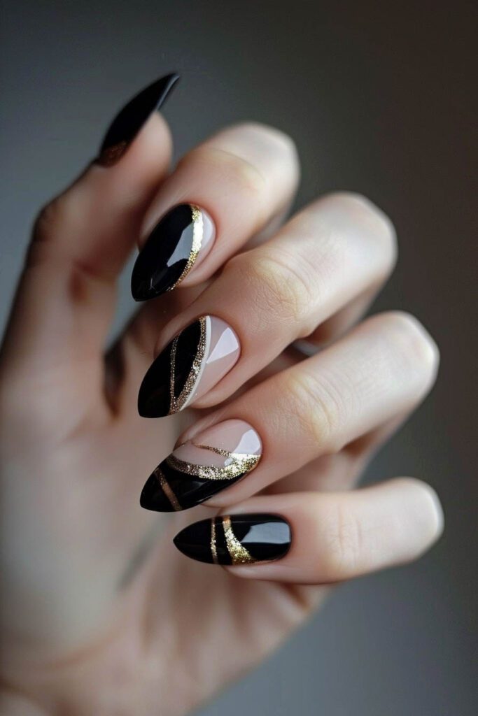 Negative Space Design - gold and black nails
