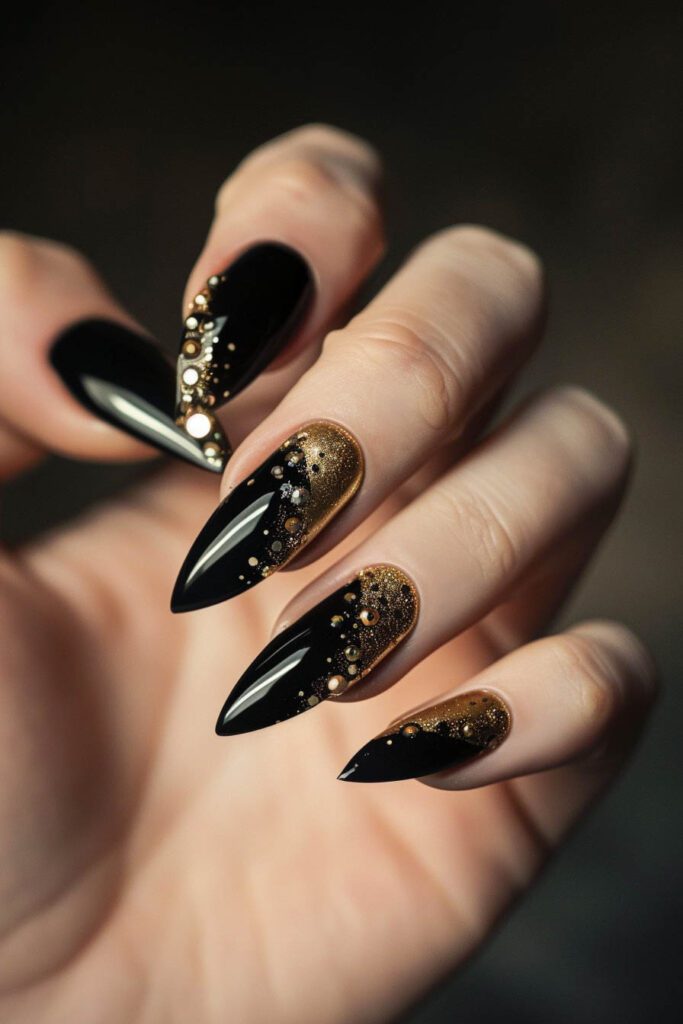 Sparkly Accents - gold and black nails
