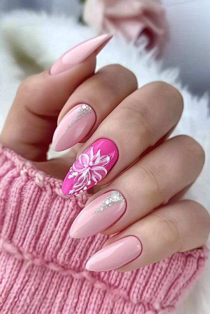 Floral Glitter Pink Nails: Elegant and Artistic - Pink Nails