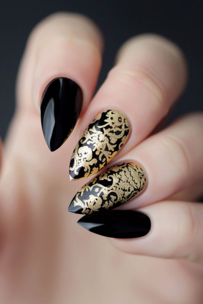 Gold Lace Overlay - gold and black nails
