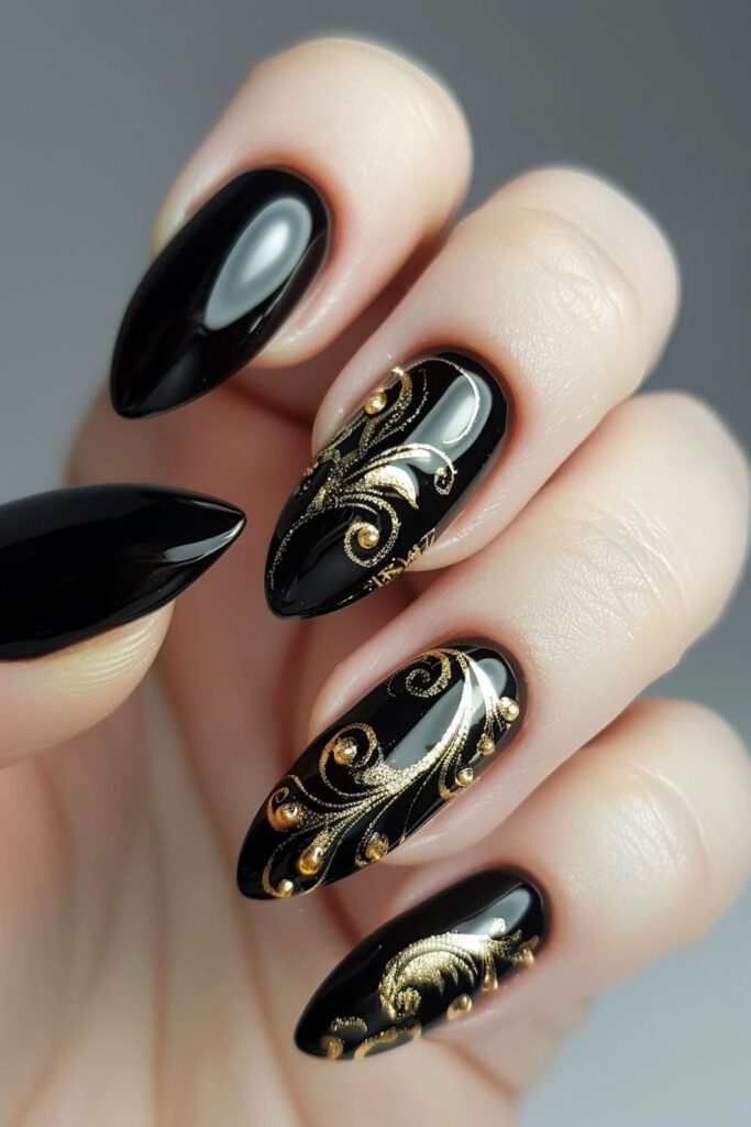 Asymmetric Gold Swirls - gold and black nails