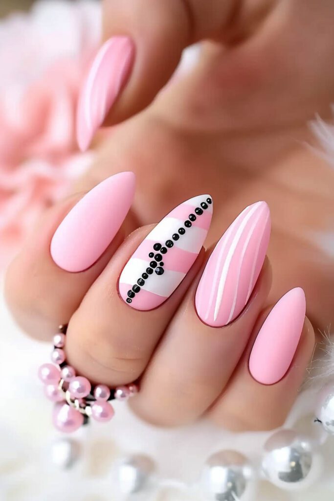 Striped Pink Nails with Rhinestones: Bold and Artistic - Pink Nails