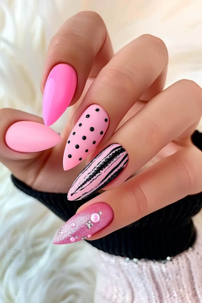 Polka Dot and Striped Pink Nails: Playful and Glamorous - Pink Nails