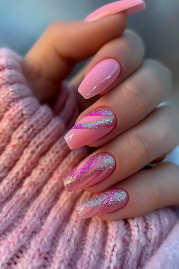Glitter Wave Pink Nails: Shimmering and Stylish