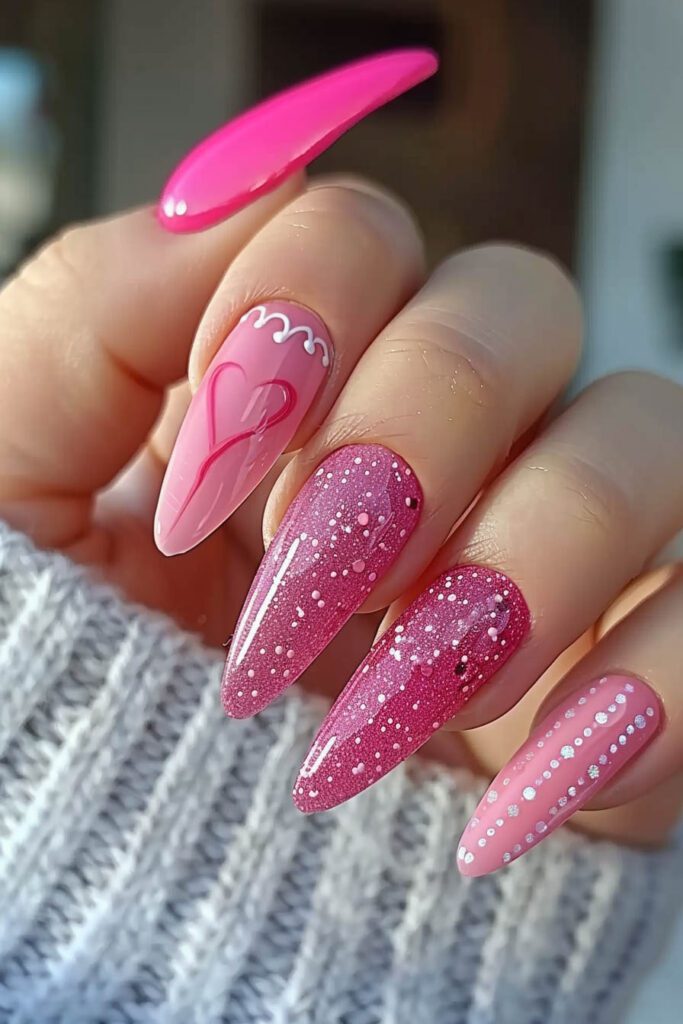 Heart and Glitter Pink Nails: Playful and Romantic