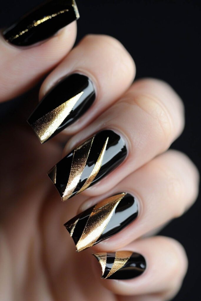 Geometric Patterns - gold and black nails