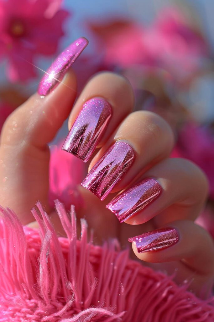Pink Chrome Sparkle: High-Shine and Glamorous - Pink Nails