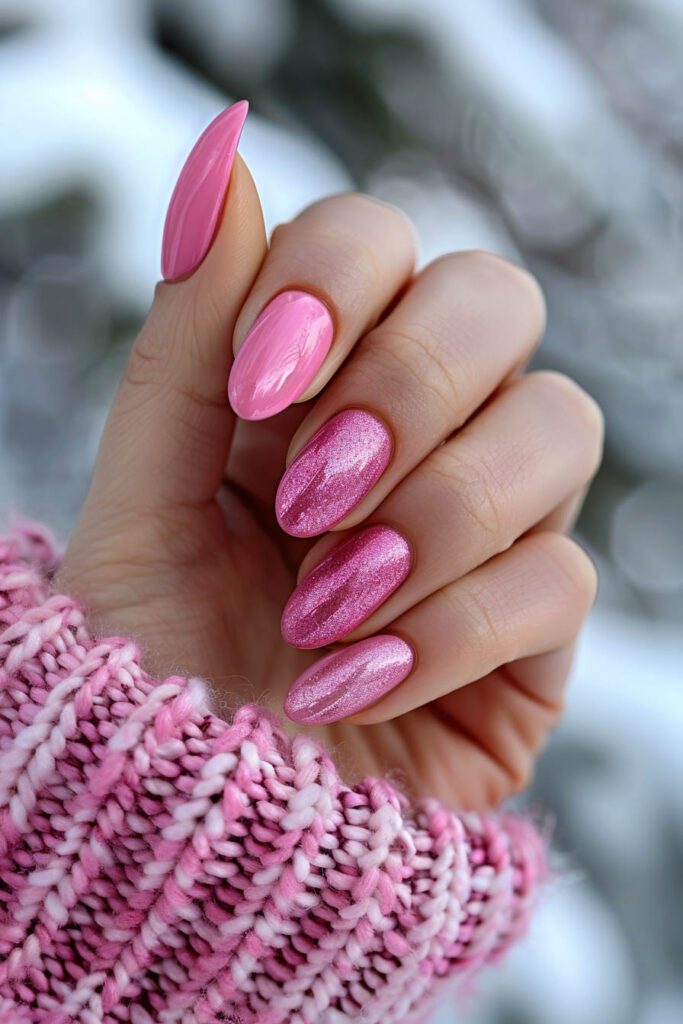 Winter Pink Elegance: Frosty Pink Glitter Nails - Pink Nails
