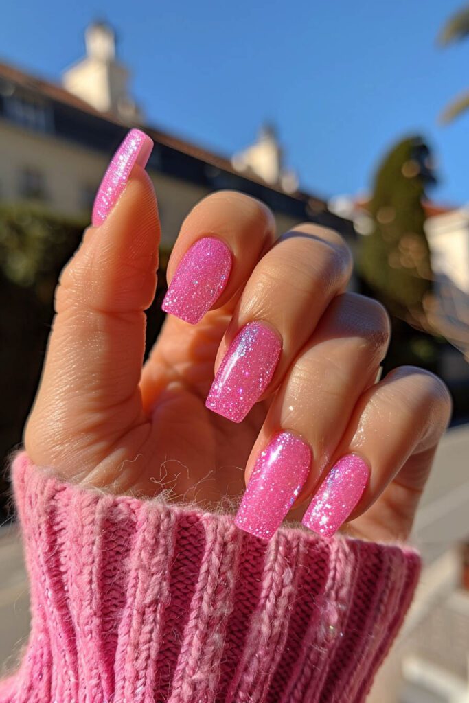Sunlit Pink Sparkle: Glitter Square Nails - Pink Nails