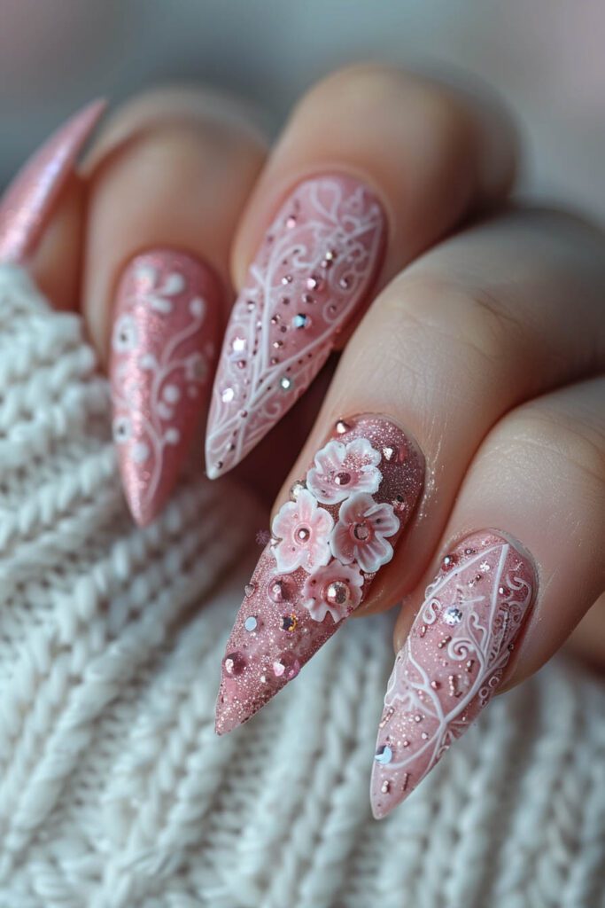Blossom Lace: Elegant 3D Floral Nails - Pink Nails