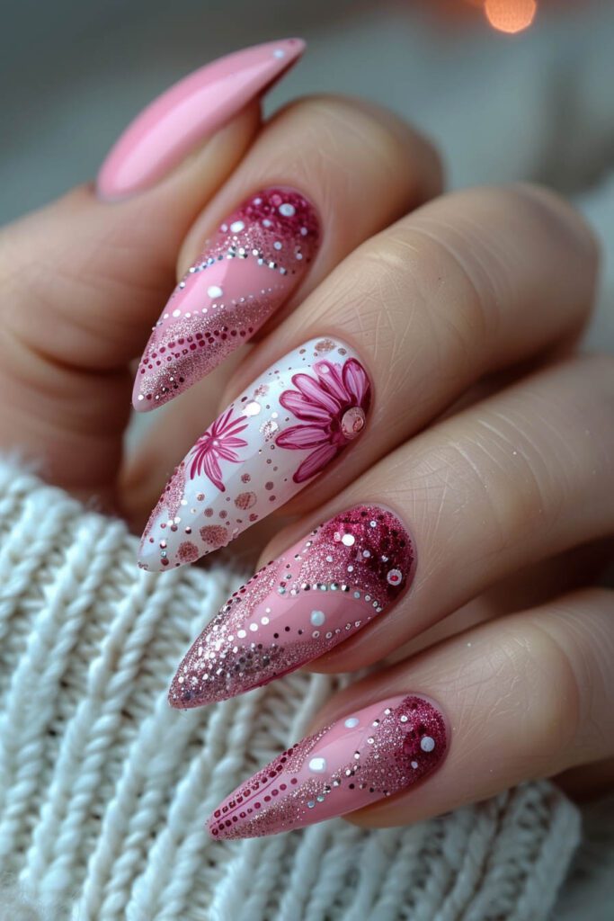 Crimson Petals: Glitter Gradient Floral Nails - Pink Nails
