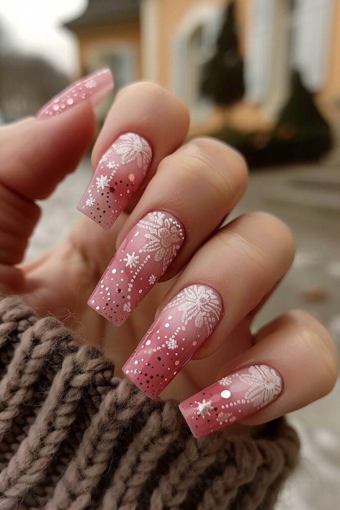 Frosted Blossoms: Winter-Themed Floral Nail Art - Pink Nails