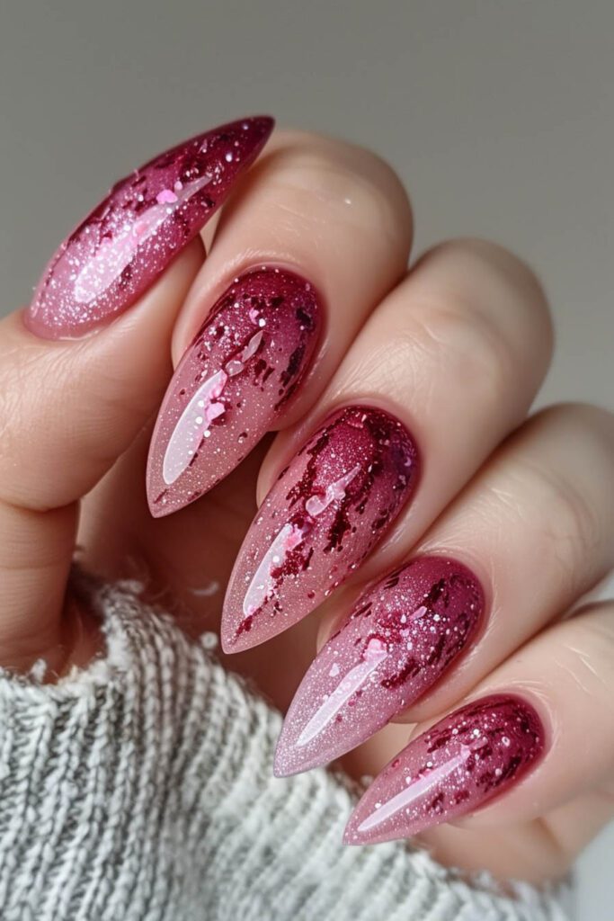 Ruby Glamour: Glitter Gradient Stiletto Nails - Pink Nails