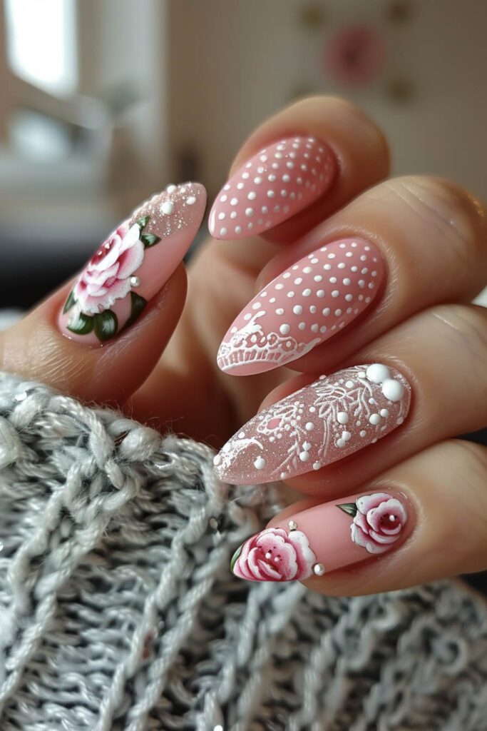 Vintage Elegance: Rose and Lace-Inspired Stiletto Nails - Pink Nails