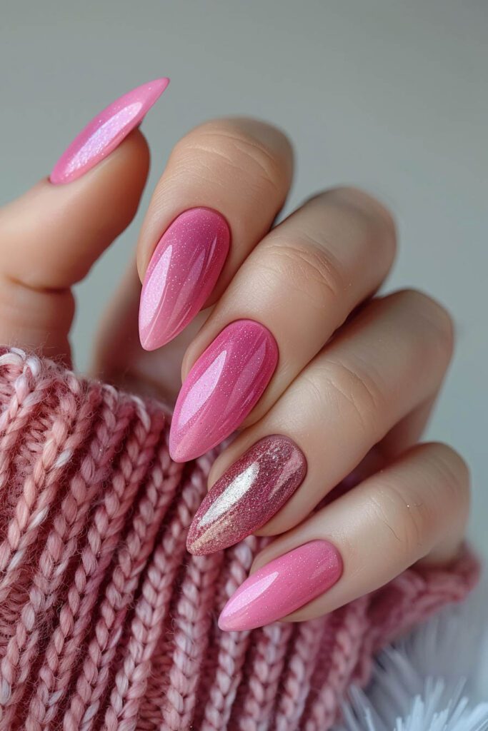 Pink Hues: Gradient and Metallic Almond Nails - Pink Nails
