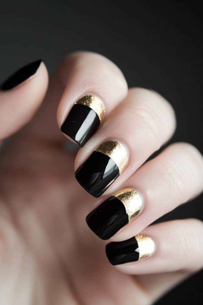 Half Moon Design - gold and black nails