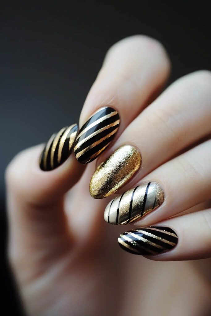 Striped Nails - gold and black nails