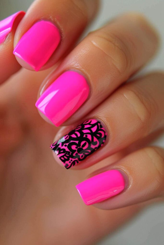 Neon Pink Nails with Lace Accent: Vibrant and Intricate - Pink Nails